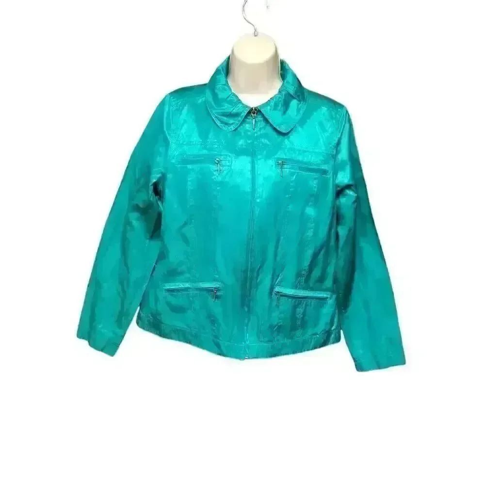TanJay Emerald Green Crinkle Satin Block Zip Front Jacket Size 8